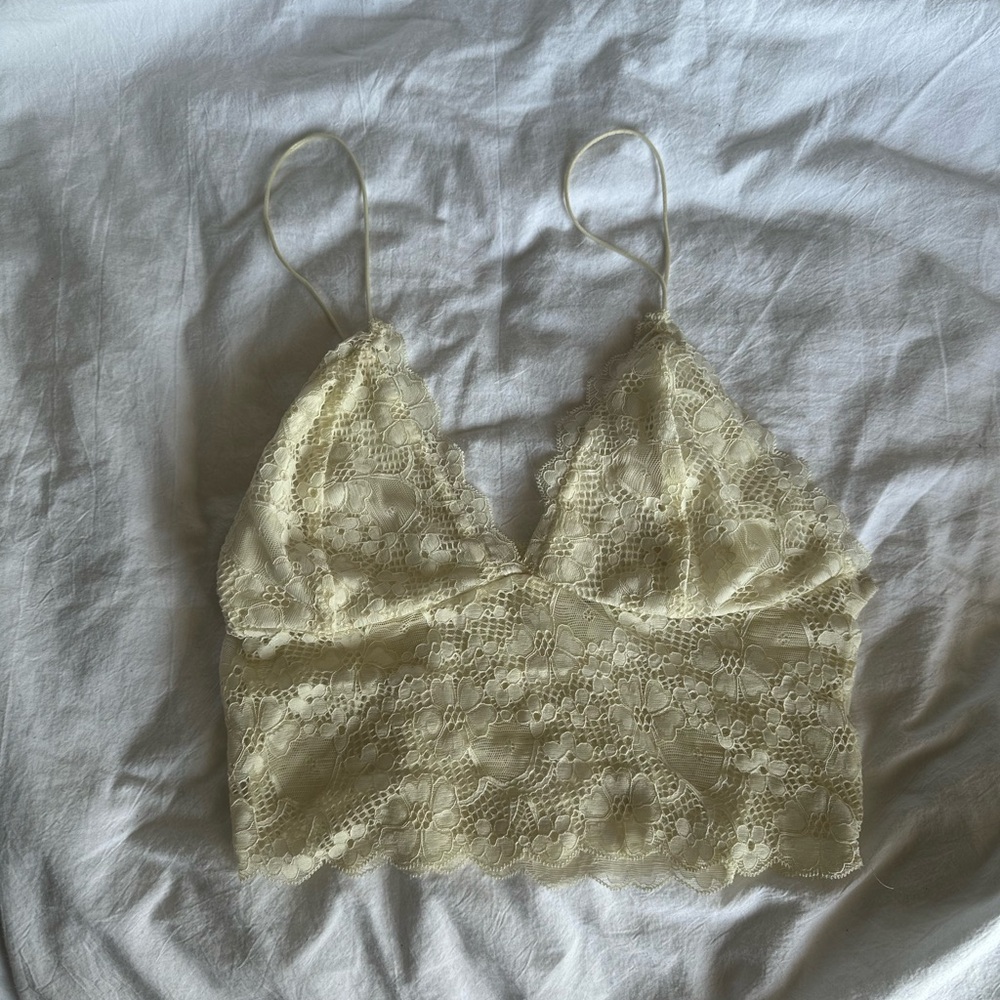Floral Skinny Strap Lace Triangle Bralette Top Crop Tank in Cream
